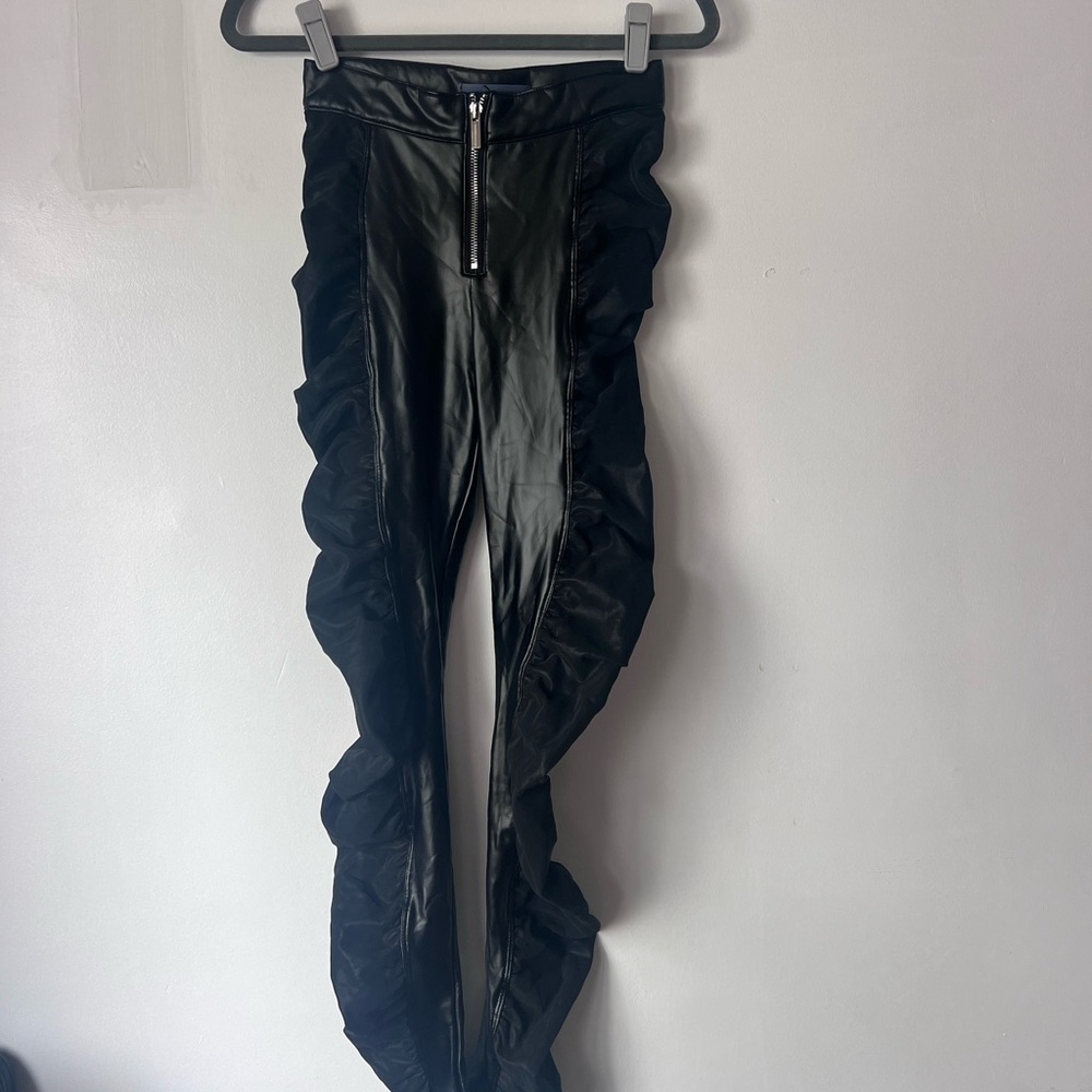 Ruched Black Vegan Leather Leggings by Maniere de Voir size 0